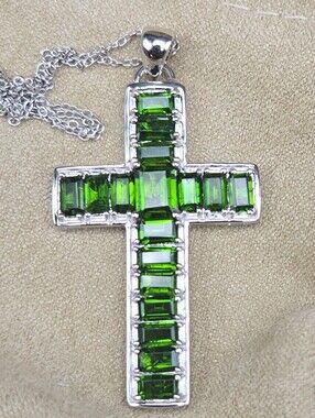 Green Crystal Cross Pendant Necklace - Silver Tone